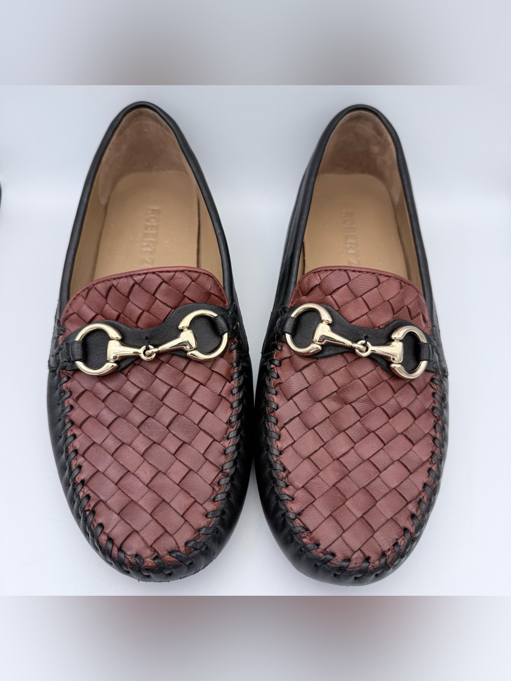 Robert Zur PERLATA Black & Luggage Brown Woven Leather Driving Loafers Size 9